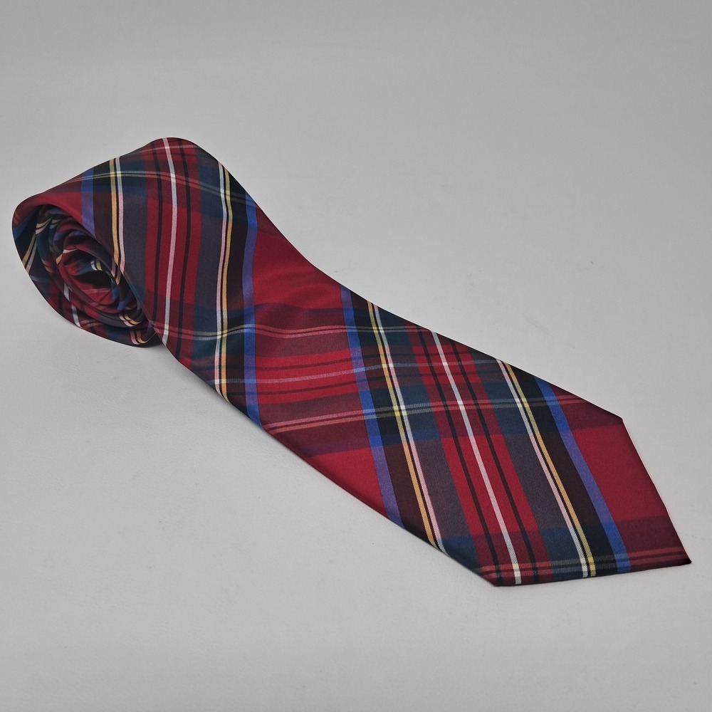 Tommy Hilfiger Mens Red Blue Plaid Tartan 100% Silk Neck Tie Classic 58" Preppy